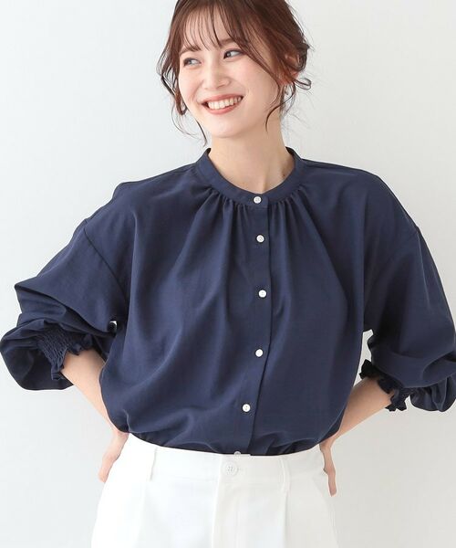 SHOO・LA・RUE / シューラルー シャツ・ブラウス | 【洗える/UV/吸水速乾/アンチピリング/S-LL】バンドカラーギャザーシャツ(ネイビー(094))