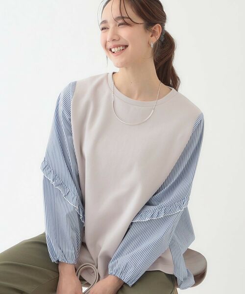 SHOO・LA・RUE/シューラルー 一枚でサマ見え 袖フリルストライプトップス ライトグレー(011) 01(S) SHOO・LA・RUE/シューラルー 一枚でサマ見え 袖フリルストライプトップス ライトグレー(011) 01(S)