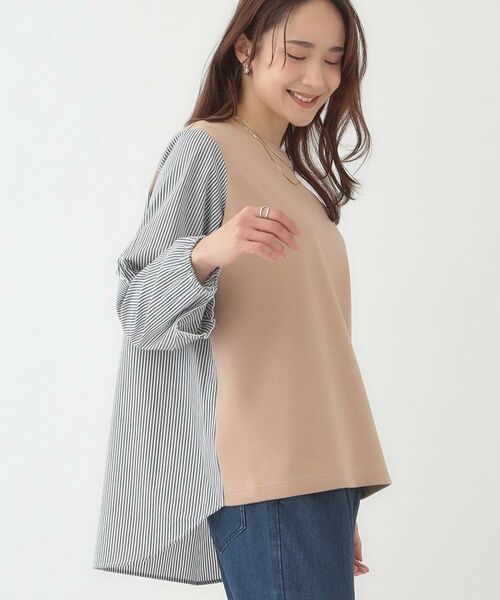 SHOO・LA・RUE/シューラルー 一枚でサマ見え 袖フリルストライプトップス キャメルブラウン(041) 04(LL) SHOO・LA・RUE/シューラルー 一枚でサマ見え 袖フリルストライプトップス キャメルブラウン(041) 04(LL)