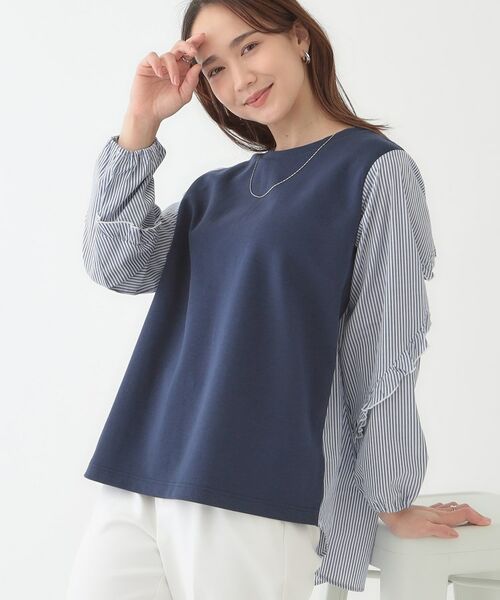 SHOO・LA・RUE/シューラルー 一枚でサマ見え 袖フリルストライプトップス ネイビー(094) 03(L) SHOO・LA・RUE/シューラルー 一枚でサマ見え 袖フリルストライプトップス ネイビー(094) 03(L)