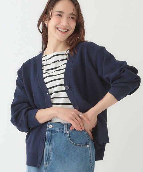 SHOO・LA・RUE/シューラルー 【洗える/S-LL】ドライタッチが心地よい 畦編みVネックカーディガン ネイビー(094) 01(S) SHOO・LA・RUE/シューラルー 【洗える/S-LL】ドライタッチが心地よい 畦編みVネックカーディガン ネイビー(094) 01(S)
