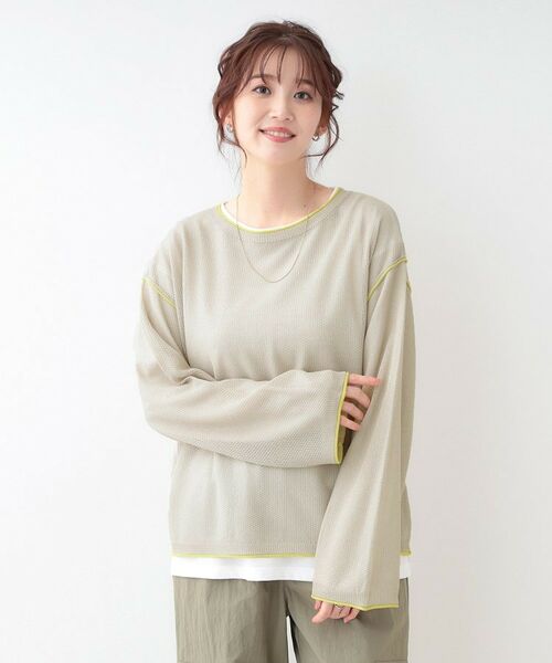 SHOO・LA・RUE / シューラルー ニット・セーター | 【S-LL/2枚セット】シアー感も楽しめる 光沢カノコ編み配色ニット+ロンT | 詳細13