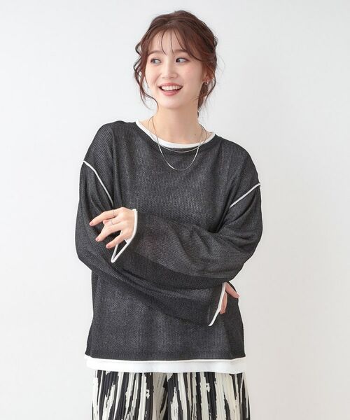 SHOO・LA・RUE / シューラルー ニット・セーター | 【S-LL/2枚セット】シアー感も楽しめる 光沢カノコ編み配色ニット+ロンT | 詳細5