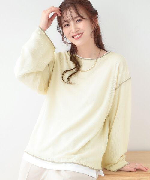SHOO・LA・RUE/シューラルー 【S-LL/2枚セット】シアー感も楽しめる 光沢カノコ編み配色ニット+ロンT オフホワイト(503) 02(M) SHOO・LA・RUE/シューラルー 【S-LL/2枚セット】シアー感も楽しめる 光沢カノコ編み配色ニット+ロンT オフホワイト(503) 02(M)