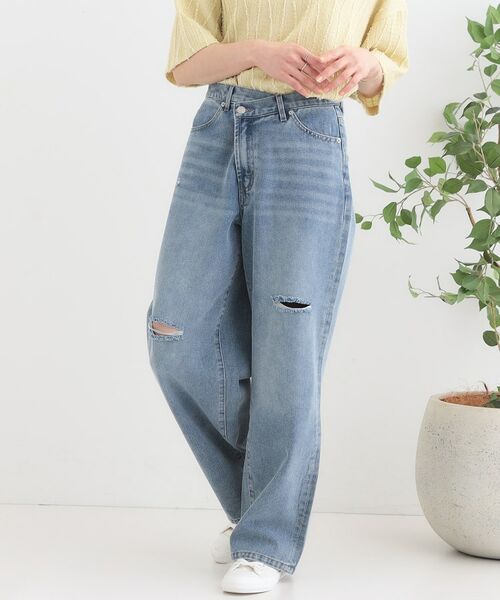 SHOO・LA・RUE/シューラルー 【洗える/S-LL】アシメウエスト ダメージデニム ブルー(092) 02(M) SHOO・LA・RUE/シューラルー 【洗える/S-LL】アシメウエスト ダメージデニム ブルー(092) 02(M)