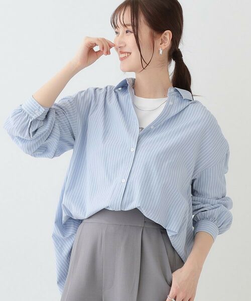 SHOO・LA・RUE/シューラルー 【洗える/S-LL】バックギャザーがポイント 綿ワッシャー前開きシャツ ブルー(391) 01(S) SHOO・LA・RUE/シューラルー 【洗える/S-LL】バックギャザーがポイント 綿ワッシャー前開きシャツ ブルー(391) 01(S)