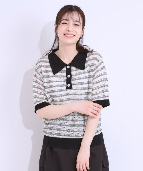 SHOO・LA・RUE / シューラルー ニット・セーター | 【S-LL】大人カジュアルコーデに 透かし編みボーダー ポロニット | 詳細1