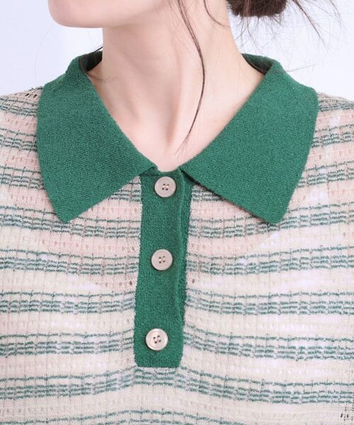 SHOO・LA・RUE / シューラルー ニット・セーター | 【S-LL】大人カジュアルコーデに 透かし編みボーダー ポロニット | 詳細12