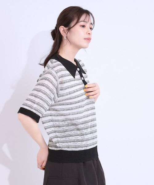 SHOO・LA・RUE / シューラルー ニット・セーター | 【S-LL】大人カジュアルコーデに 透かし編みボーダー ポロニット | 詳細2