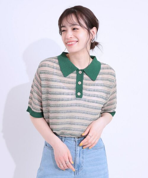 SHOO・LA・RUE / シューラルー ニット・セーター | 【S-LL】大人カジュアルコーデに 透かし編みボーダー ポロニット | 詳細5