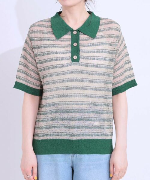 SHOO・LA・RUE / シューラルー ニット・セーター | 【S-LL】大人カジュアルコーデに 透かし編みボーダー ポロニット | 詳細9