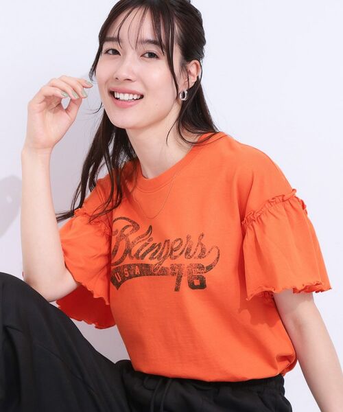 SHOO・LA・RUE / シューラルー Tシャツ | 【洗える/S-LL】プリントアソート お袖フリルTシャツ(オレンジ(367))