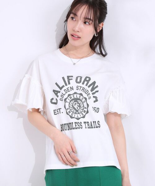 SHOO・LA・RUE / シューラルー Tシャツ | 【洗える/S-LL】プリントアソート お袖フリルTシャツ(ホワイト(101))