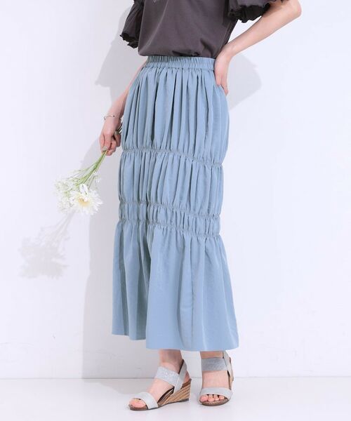 SHOO・LA・RUE / シューラルー ロング・マキシ丈スカート | 【S-LL】コーデが華やかに シャーリングデザインスカート(ブルー(091))