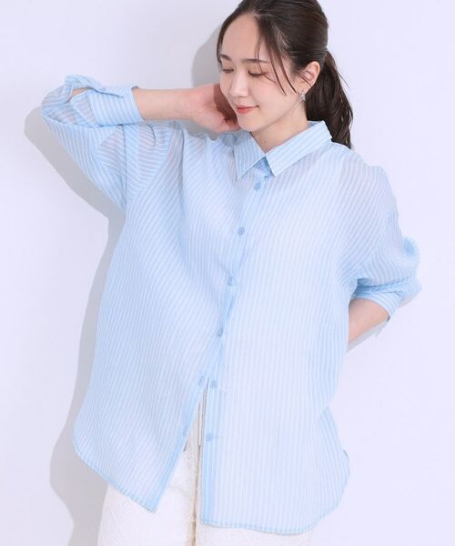 SHOO・LA・RUE/シューラルー 大人の抜け感コーデに シアーストライプ BIGシャツ ブルー(391) 00(FREE) SHOO・LA・RUE/シューラルー 大人の抜け感コーデに シアーストライプ BIGシャツ ブルー(391) 00(FREE)