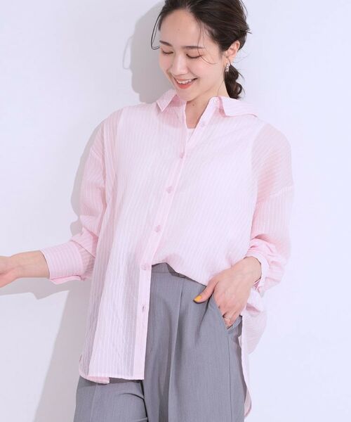 SHOO・LA・RUE/シューラルー 大人の抜け感コーデに シアーストライプ BIGシャツ ピンク(372) 00(FREE) SHOO・LA・RUE/シューラルー 大人の抜け感コーデに シアーストライプ BIGシャツ ピンク(372) 00(FREE)