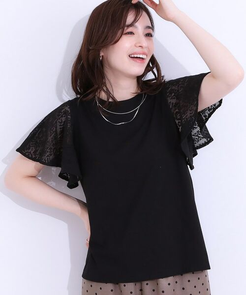 SHOO・LA・RUE/シューラルー 【S-LL】大人の上品コーデに お袖レース切り替えトップス ブラック(019) 04(LL) SHOO・LA・RUE/シューラルー 【S-LL】大人の上品コーデに お袖レース切り替えトップス ブラック(019) 04(LL)