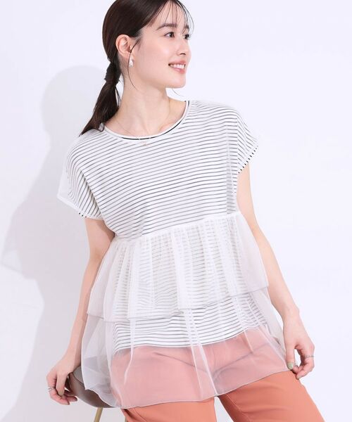 SHOO・LA・RUE / シューラルー カットソー | 【S-LL/2点セット】程よい甘さをプラス Tシャツ+チュールトップス(オフホワイト(303))