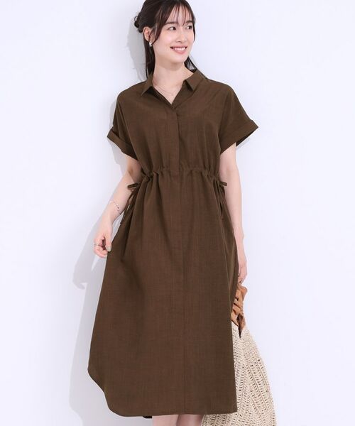SHOO・LA・RUE / シューラルー ロング・マキシ丈ワンピース | 【S-LL】お顔周りすっきり 麻調スキッパーシャツワンピース(ブラウン(043))