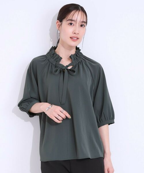 SHOO・LA・RUE / シューラルー シャツ・ブラウス | 【洗える/ひんやり/S-LL】フェミニンもクールも フリルリボン5分袖ブラウス | 詳細1