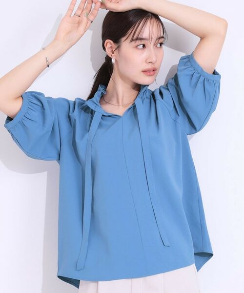 SHOO・LA・RUE / シューラルー シャツ・ブラウス | 【洗える/ひんやり/S-LL】フェミニンもクールも フリルリボン5分袖ブラウス(ブルー(092))