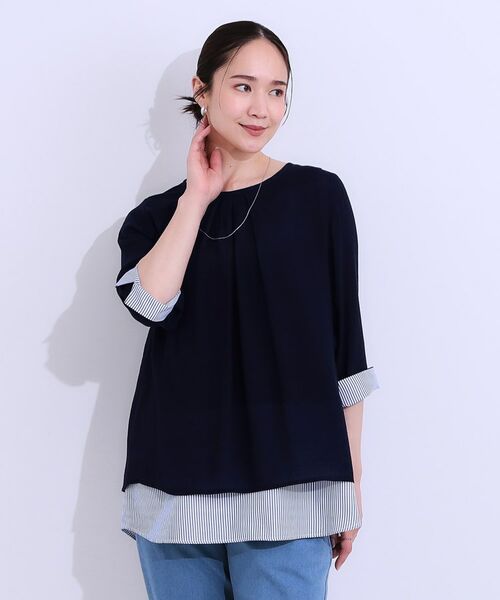 SHOO・LA・RUE / シューラルー カットソー | 【洗える/S-LL】一枚でサマ見え お袖折り返し 裾レイヤードトップス | 詳細1