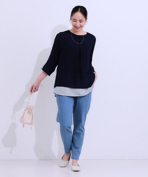 SHOO・LA・RUE / シューラルー カットソー | 【洗える/S-LL】一枚でサマ見え お袖折り返し 裾レイヤードトップス | 詳細3