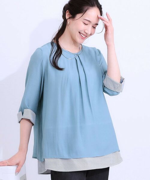 SHOO・LA・RUE/シューラルー 【洗える/S-LL】一枚でサマ見え 裾レイヤードトップス ブルー(092) 03(L) SHOO・LA・RUE/シューラルー 【洗える/S-LL】一枚でサマ見え 裾レイヤードトップス ブルー(092) 03(L)