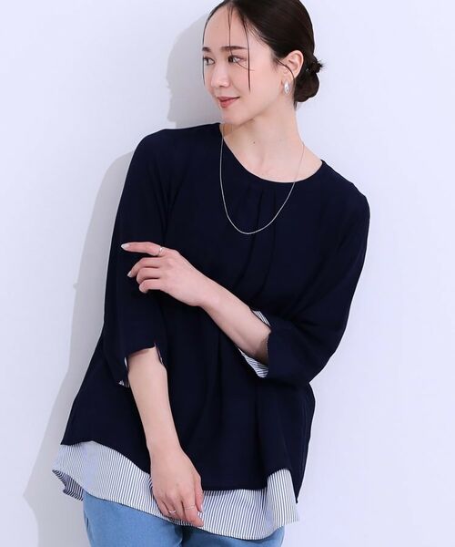 SHOO・LA・RUE/シューラルー 【洗える/S-LL】一枚でサマ見え 裾レイヤードトップス ネイビー(094) 04(LL) SHOO・LA・RUE/シューラルー 【洗える/S-LL】一枚でサマ見え 裾レイヤードトップス ネイビー(094) 04(LL)