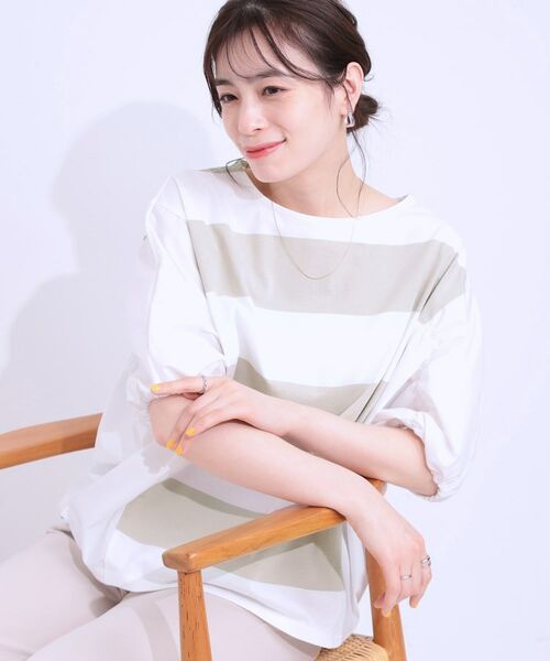 SHOO・LA・RUE / シューラルー カットソー | ふわりシルエットが新しい ワイドピッチボーダートップス(ベージュ(352))