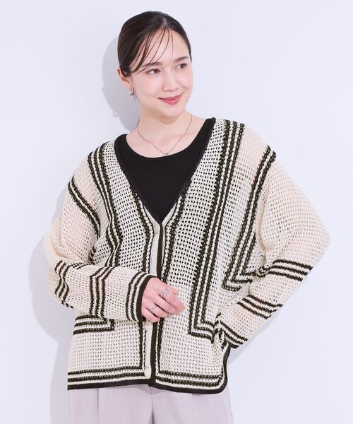 SHOO・LA・RUE / シューラルー カーディガン・ボレロ | レースのような編み柄が上品 Vネックカーディガン | 詳細1