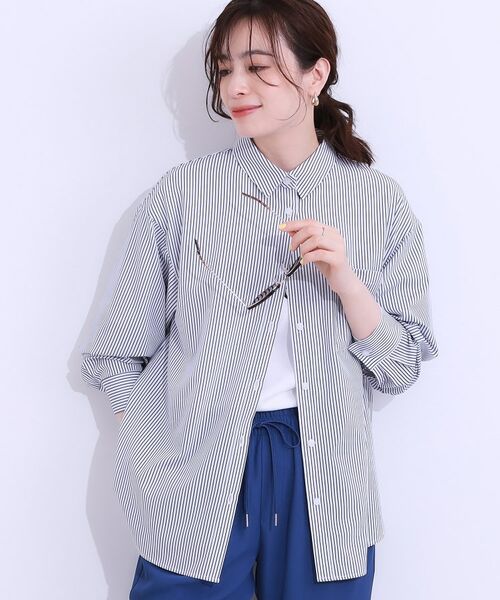 SHOO・LA・RUE / シューラルー シャツ・ブラウス | 【ひんやり/UV/吸水速乾/洗濯後しわになりにくい】ラッシュガードにもなる ストライプ前開きシャツ(ネイビー(394))