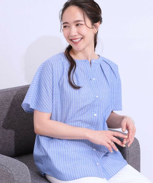 SHOO・LA・RUE / シューラルー シャツ・ブラウス | 【洗える/S-LL/UV/吸水速乾】洗濯後しわになりにくいリネンブレンド前あきシャツ(ブルー(393))