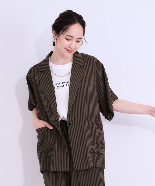 SHOO・LA・RUE / シューラルー テーラードジャケット | 【セットアップ可能/ひんやり/吸水速乾】サッカーストライプ テーラードカラーシャツジャケット | 詳細6