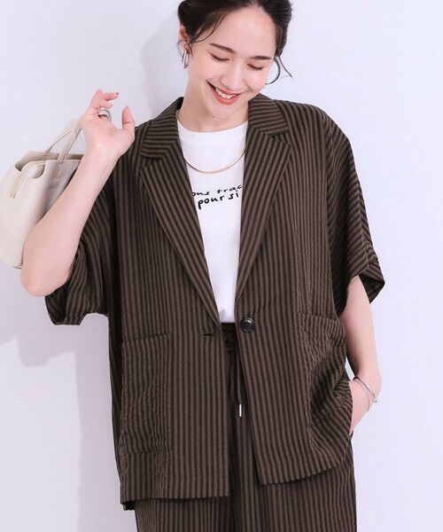 SHOO・LA・RUE / シューラルー テーラードジャケット | 【セットアップ可能/ひんやり/吸水速乾】サッカーストライプ テーラードカラーシャツジャケット(ブラウン(344))