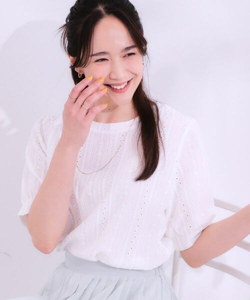 SHOO・LA・RUE / シューラルー カットソー | 【S-LL/二の腕カバー】大人フェミニンな印象に ジャカードレーストップス(オフホワイト(003))