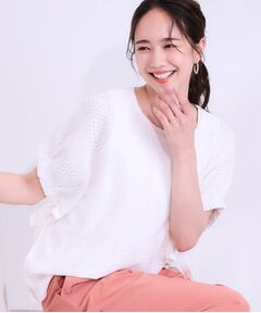 SHOO・LA・RUE / シューラルー シャツ・ブラウス | 【S-LL/二の腕カバー】お袖ギャザーリボン アイレット刺繍トップス