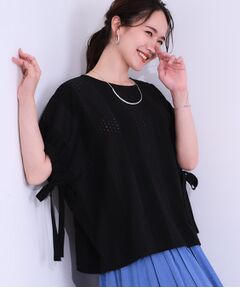 SHOO・LA・RUE / シューラルー シャツ・ブラウス | 【S-LL/二の腕カバー】お袖ギャザーリボン アイレット刺繍トップス