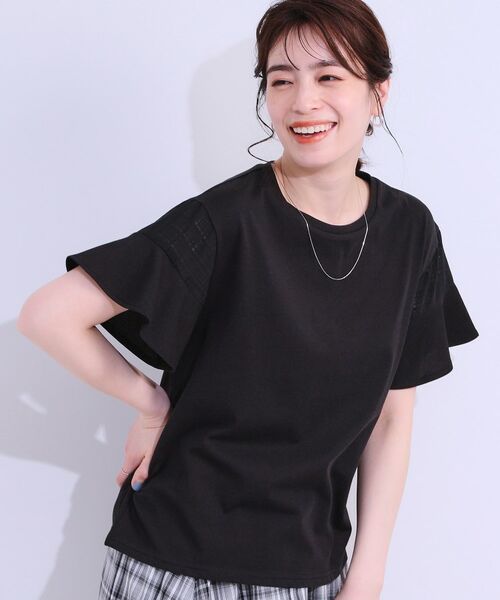 SHOO・LA・RUE/シューラルー 【ひんやり/プチプラ】女性らしさ溢れる お袖シアーフリルトップス ブラック(019) 01(S)