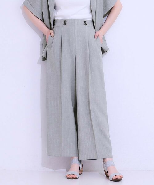 SHOO・LA・RUE/シューラルー 【セットアップ可】麻調ストライプワイドパンツ グレー(012) 02(M) SHOO・LA・RUE/シューラルー 【セットアップ可】麻調ストライプワイドパンツ グレー(012) 02(M)