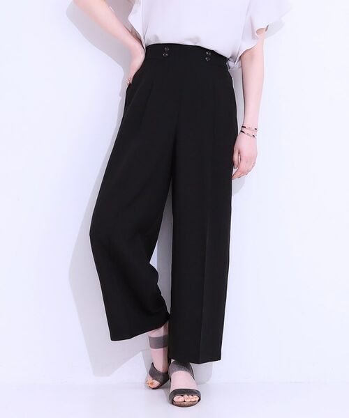 SHOO・LA・RUE/シューラルー 【セットアップ可】麻調ストライプワイドパンツ ブラック(019) 02(M) SHOO・LA・RUE/シューラルー 【セットアップ可】麻調ストライプワイドパンツ ブラック(019) 02(M)