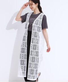 SHOO・LA・RUE / シューラルー ベスト | 【S-LL】羽織るだけでサマ見え レース風の柄が華やかなロングジレ