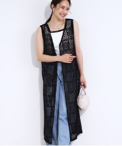 SHOO・LA・RUE / シューラルー ベスト | 【S-LL】羽織るだけでサマ見え レース風の柄が華やかなロングジレ