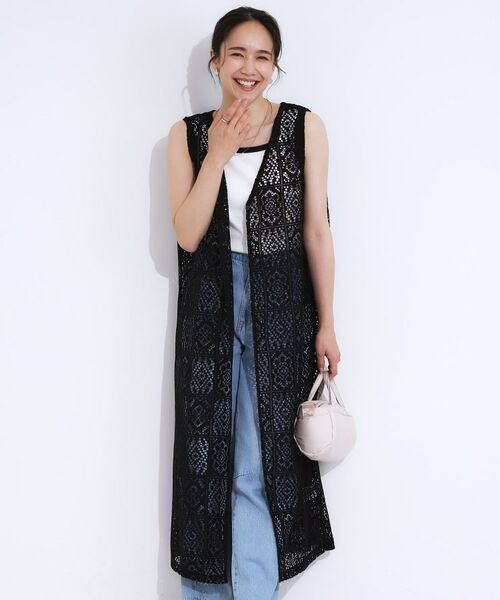 SHOO・LA・RUE / シューラルー ベスト | 【S-LL】羽織るだけでサマ見え レース風の柄が華やかなロングジレ | 詳細5