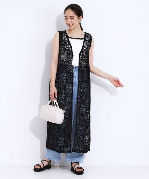 SHOO・LA・RUE / シューラルー ベスト | 【S-LL】羽織るだけでサマ見え レース風の柄が華やかなロングジレ | 詳細7