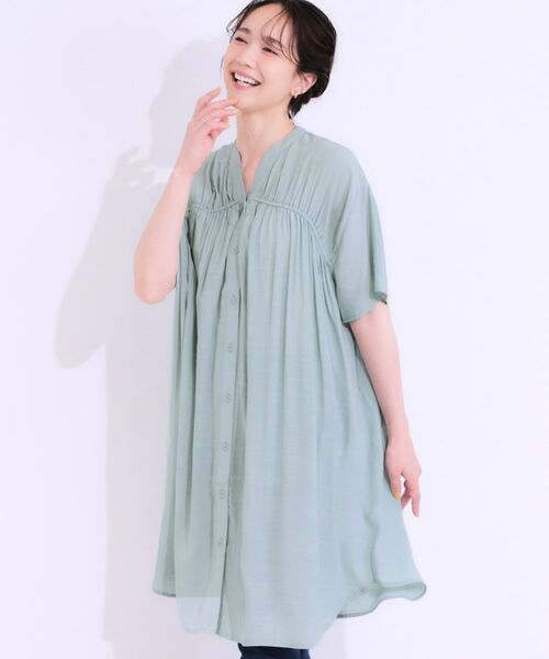 SHOO・LA・RUE / シューラルー チュニック | 【S-LL】シャーリングが目を惹く 羽織れるスラブチュニック(ミントグリーン(021))