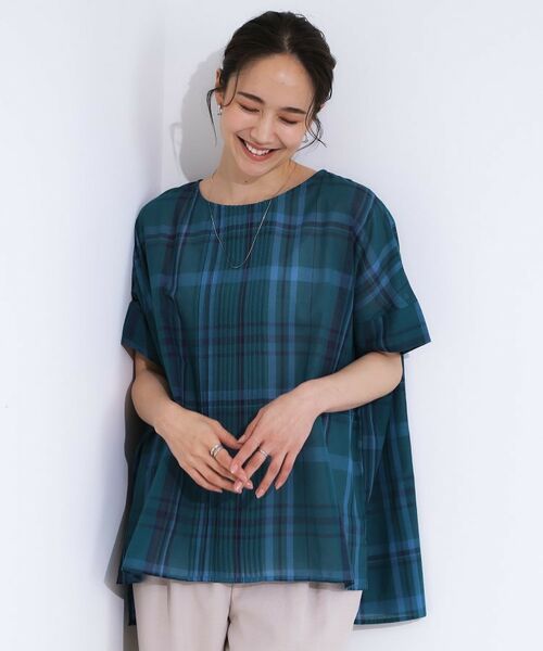 SHOO・LA・RUE / シューラルー シャツ・ブラウス | 【S-LL/体型カバー】インせず着られる ポンチョシルエット シアーチェックブラウス | 詳細1