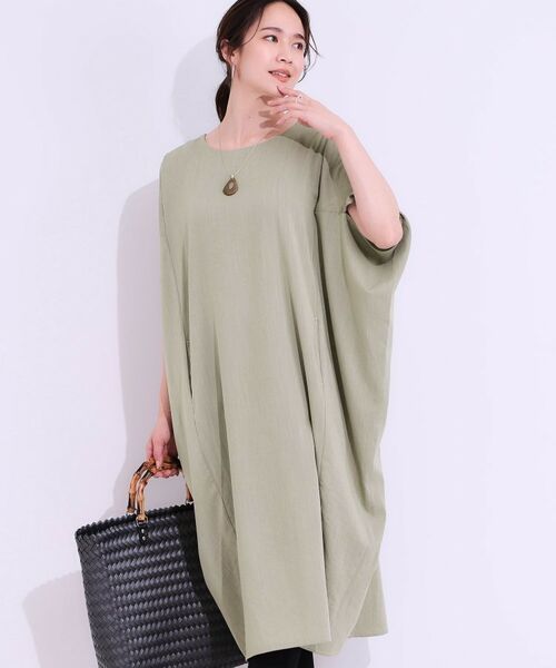 SHOO・LA・RUE/シューラルー 【S-LL】楽にサマ見え コクーンシルエットの涼やかワンピース オリーブグリーン(026) 04(LL)