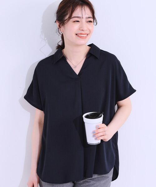 SHOO・LA・RUE / シューラルー シャツ・ブラウス | 【洗える/S-LL/プチプラ】さらっとすっきりきれい見え スキッパーブラウス(ネイビー(094))