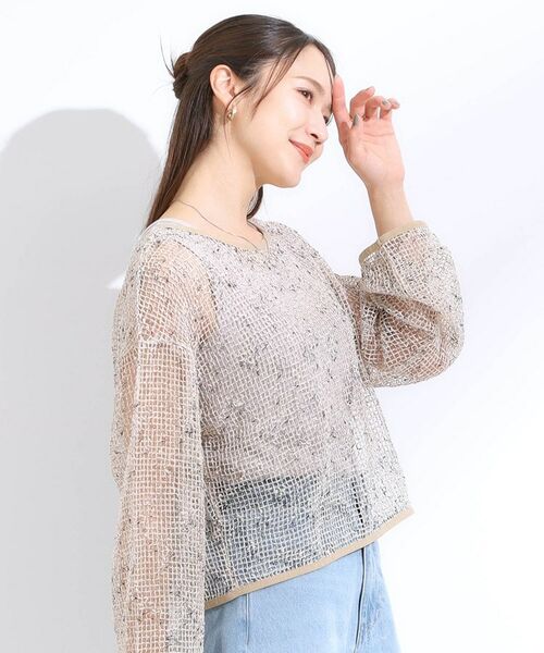 新品✨カデュネ　リボンラメカーディガン　半袖　前後2way　ブルー　M 新品✨カデュネ リボンラメカーディガン 半袖 前後2way ブルー M